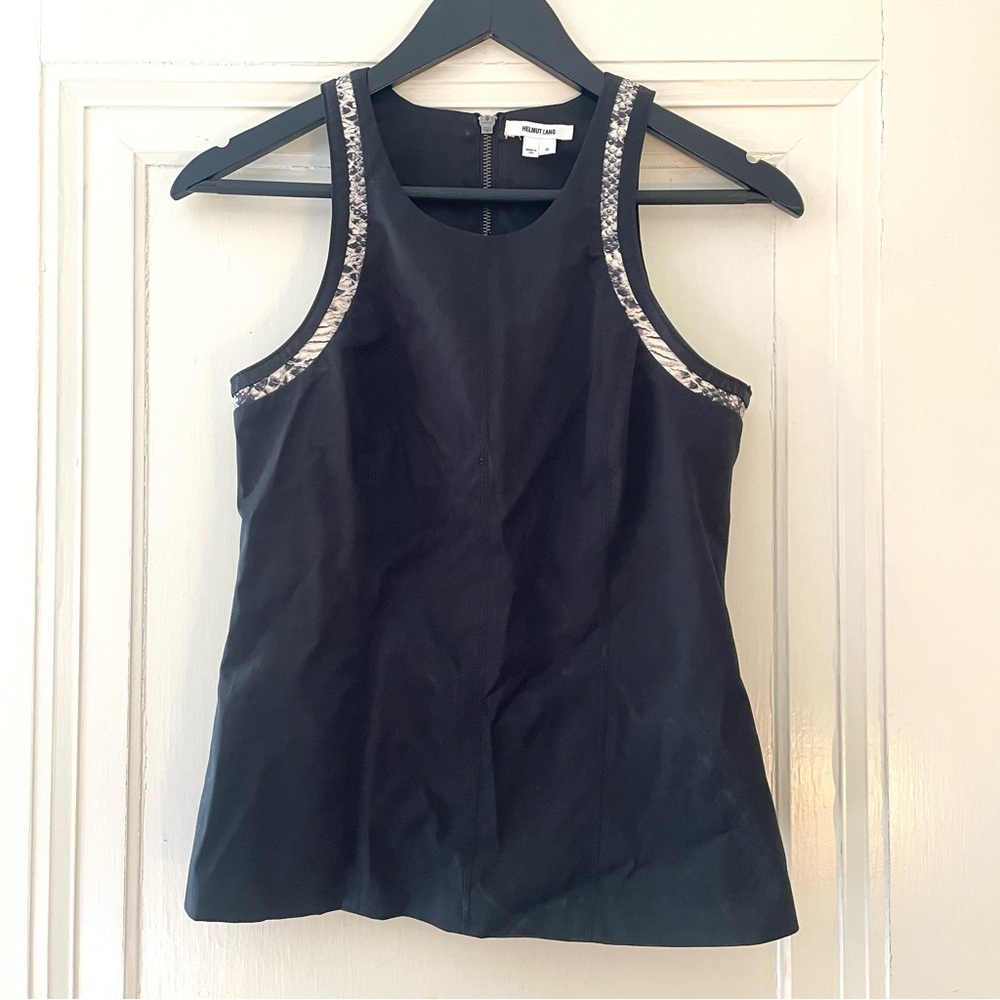 Helmut Lang Black Zippered Sleeveless Top with Snake Embossed Leather Trim